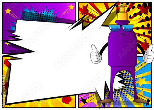 Bottle of hand sanitizer gel with face making thumbs up sign with two hands. Liquid soap for virus protection. Vector Cartoon illustration.