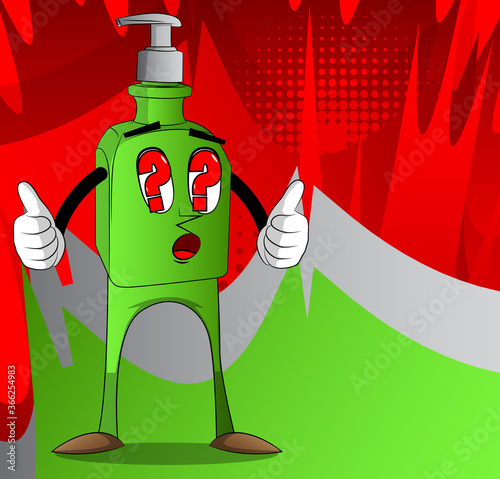 Bottle of hand sanitizer gel with face making thumbs up sign with two hands. Liquid soap for virus protection. Vector Cartoon illustration.