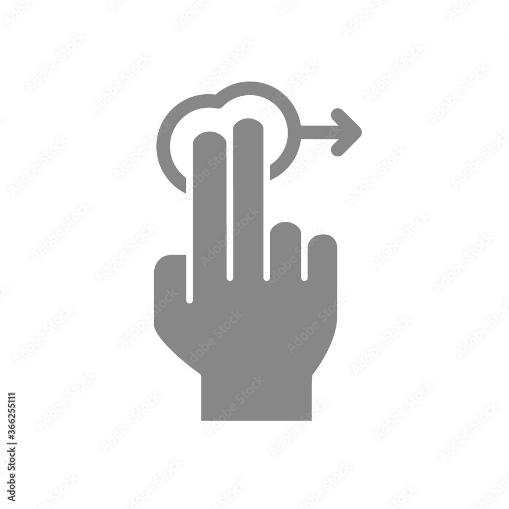 Tap with two fingers and swipe right grey icon. Touch screen hand gesture symbol Tap with two fingers and swipe right grey icon. Touch screen hand gesture symbol