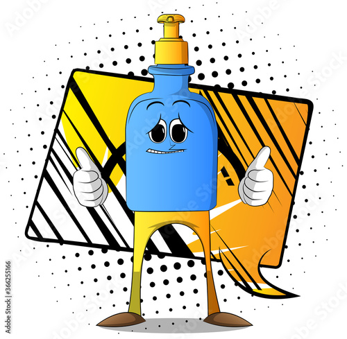 Bottle of hand sanitizer gel with face making thumbs up sign with two hands. Liquid soap for virus protection. Vector Cartoon illustration.