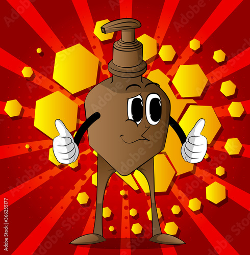 Bottle of hand sanitizer gel with face making thumbs up sign with two hands. Liquid soap for virus protection. Vector Cartoon illustration.
