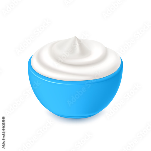 White cream in blue bowl, yoghurt, mayonnaise or sour cream, vector dairy products, element for design and packaging.