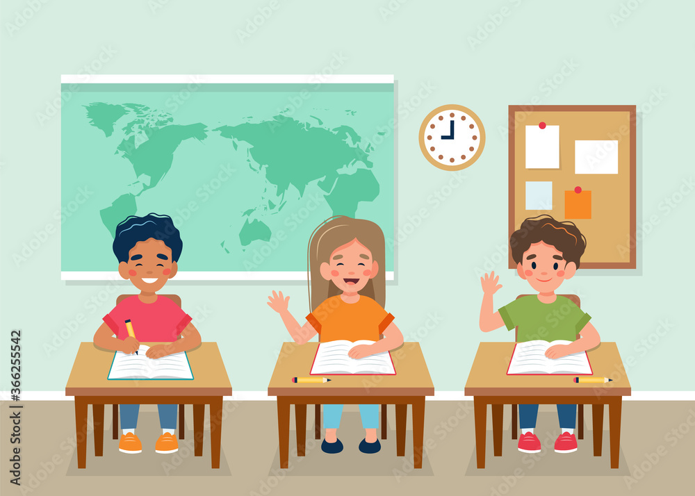 Happy children sitting in class at desks, map behind, back to school concept. Vector illustration in flat style Happy children sitting in class at desks, map behind, back to school concept. Vector illustration in flat style