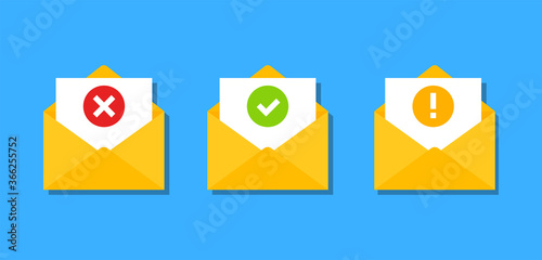 Check mark in envelope. Approved, rejected and warning message. Confirmed sign in email. New letter. Vector icons in flat style