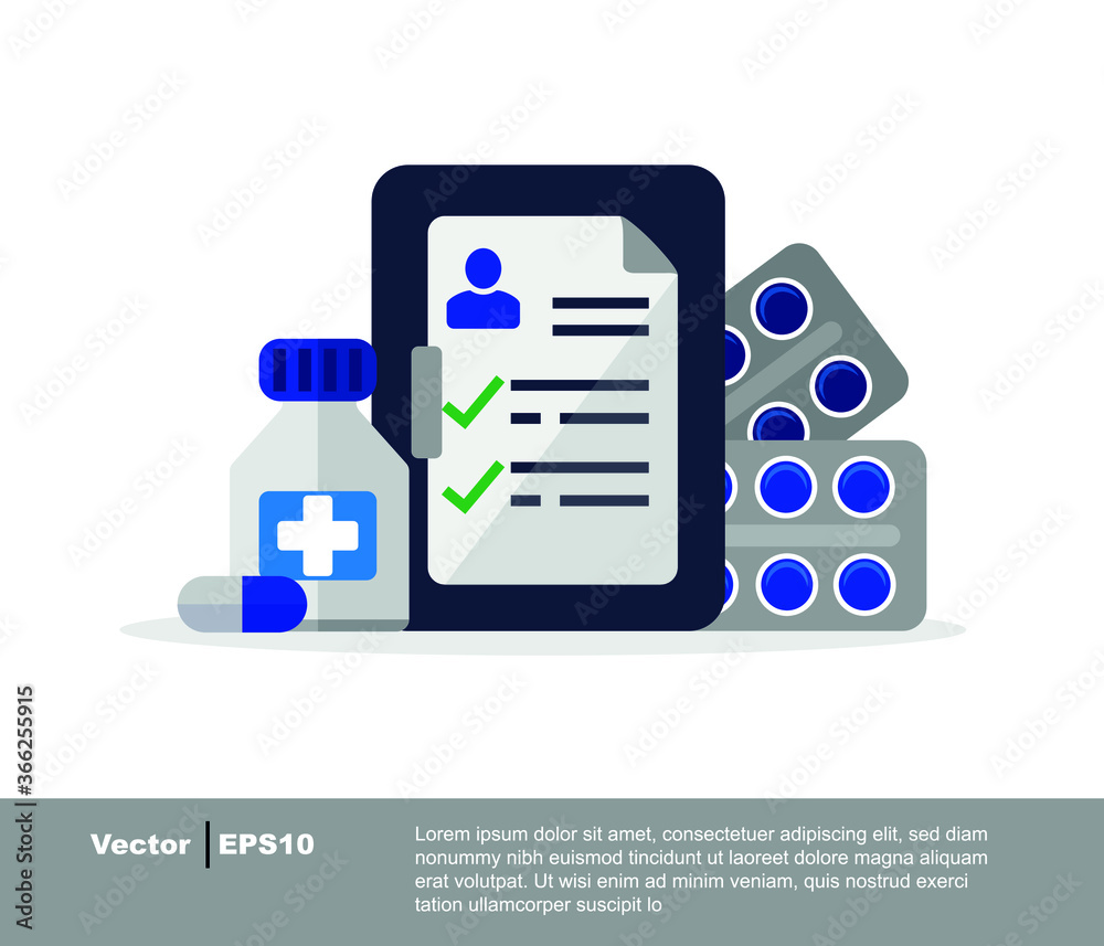 Health, financial and medical service. Isolated vector illustration. Medical form list with result data and approved check mark vector illustration, flat clinical checklist document check box, insuran Health, financial and medical service. Isolated vector illustration. Medical form list with result data and approved check mark vector illustration, flat clinical checklist document check box, insuran