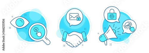 Password encryption, Reject click and Secure mail line icons set. Handshake deal, research and promotion complex icons. Graph chart sign. Protection locker, Delete button, Private e-mail. Vector