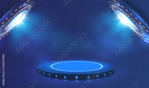 Futuristic blue neon light portal. Circle Sci-fi elements with light and lights. Blue cylinder template. Base stand futuristic modern podium or studio pedestal round platform showroom. Vector