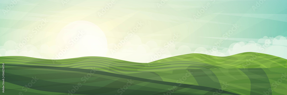 Fototapeta premium Vector illustration. Meadow realistic landscape. Clear polygonal sky. Triangle shapes. Hills. Graphic modern backdrop. Abstract art. Minimalist style. Design element for poster. 3d wallpaper concept