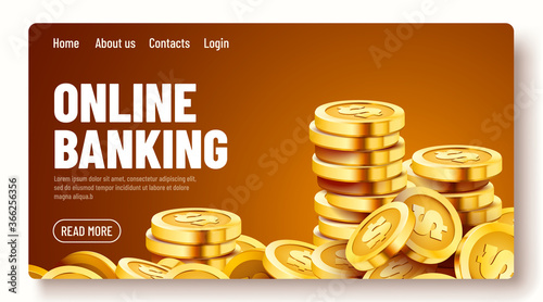 Golden shiny coins. Big bunch of dollars. Online banking landing page template or banner.