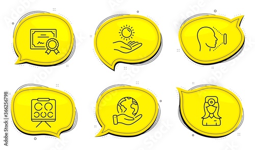 Oculist doctor sign. Diploma certificate, save planet chat bubbles. Sun protection, Face id and Vision board line icons set. Ultraviolet care, Identification system, Eye check. Optometrist. Vector