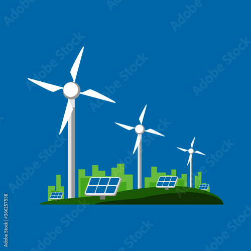 White wind turbines on the hill to generate electricity from the wind with solar cell panel or photovoltaic and green city flat icon vector. concept alternative energy and clean energy.