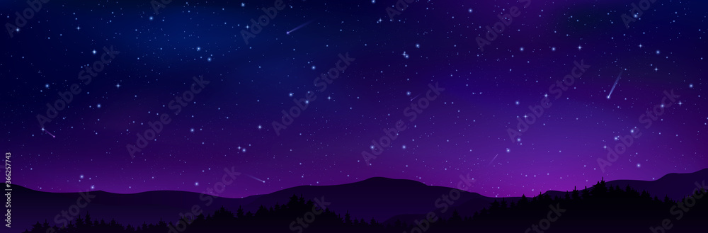 Naklejka premium Night starry sky with bright stars, planets, comets and silhouettes mountains. Milky way galaxy. Vector horizontal landscape. Star universe illustration.Dark blue shining space for web design, banner