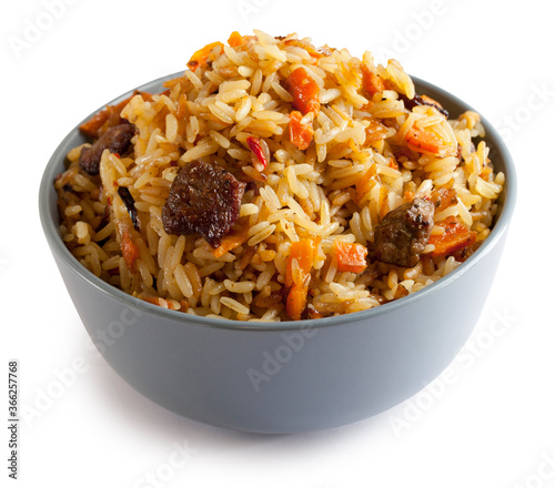 pilaf in plate on white background