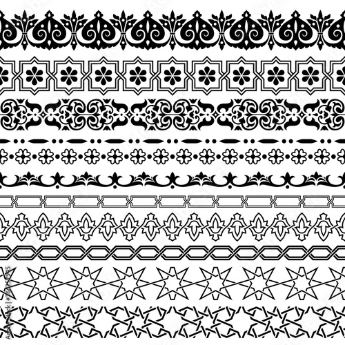 Arabic style seamless ornamental borders vector set.