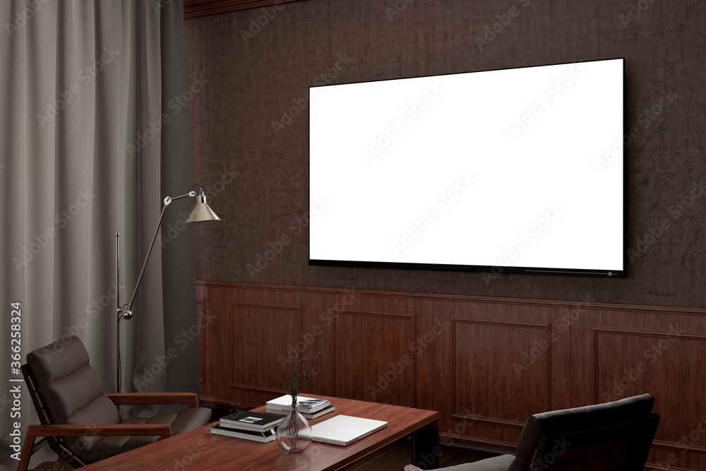 Glowing TV screen at night mockup in classic decoration living room. Side view. Clipping path around screen. Glowing TV screen at night mockup in classic decoration living room. Side view. Clipping path around screen.