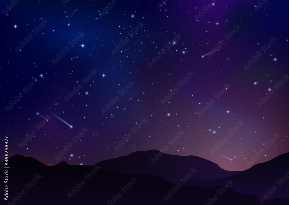 Night starry sky with bright stars, planets, comets and mountains. Milky way galaxy. Vector horizontal space landscape. Star universe  illustration.Dark blue shining space for web design, banner.