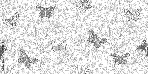 Vintage seamless pattern. Cute flowers and butterflies. Black and white.
