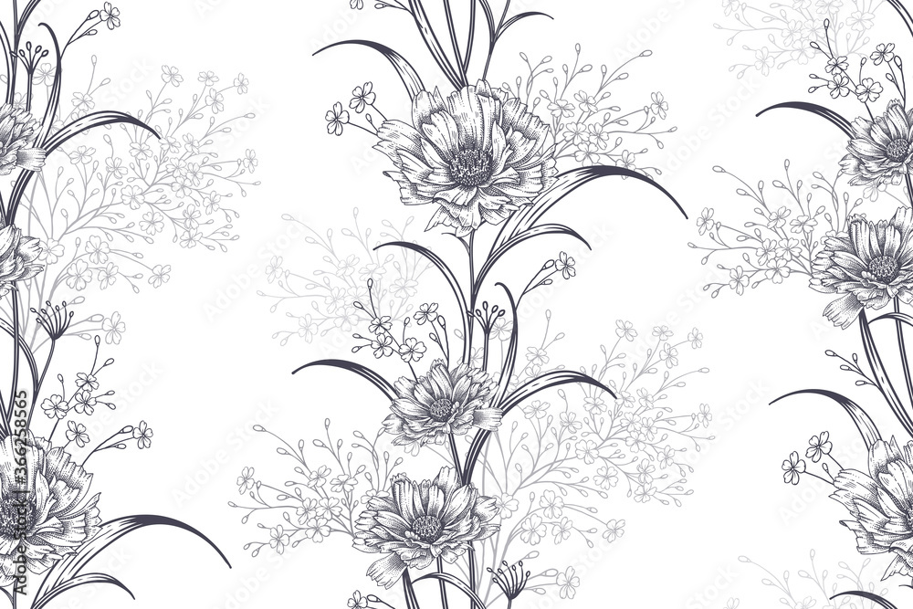 Vintage seamless pattern. Cute garden flower. Black and white background.