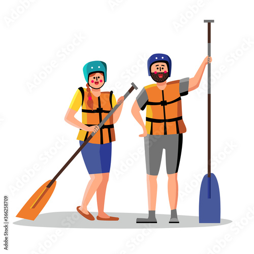 Rafting People Wear Life Vest Hold Paddle Vector