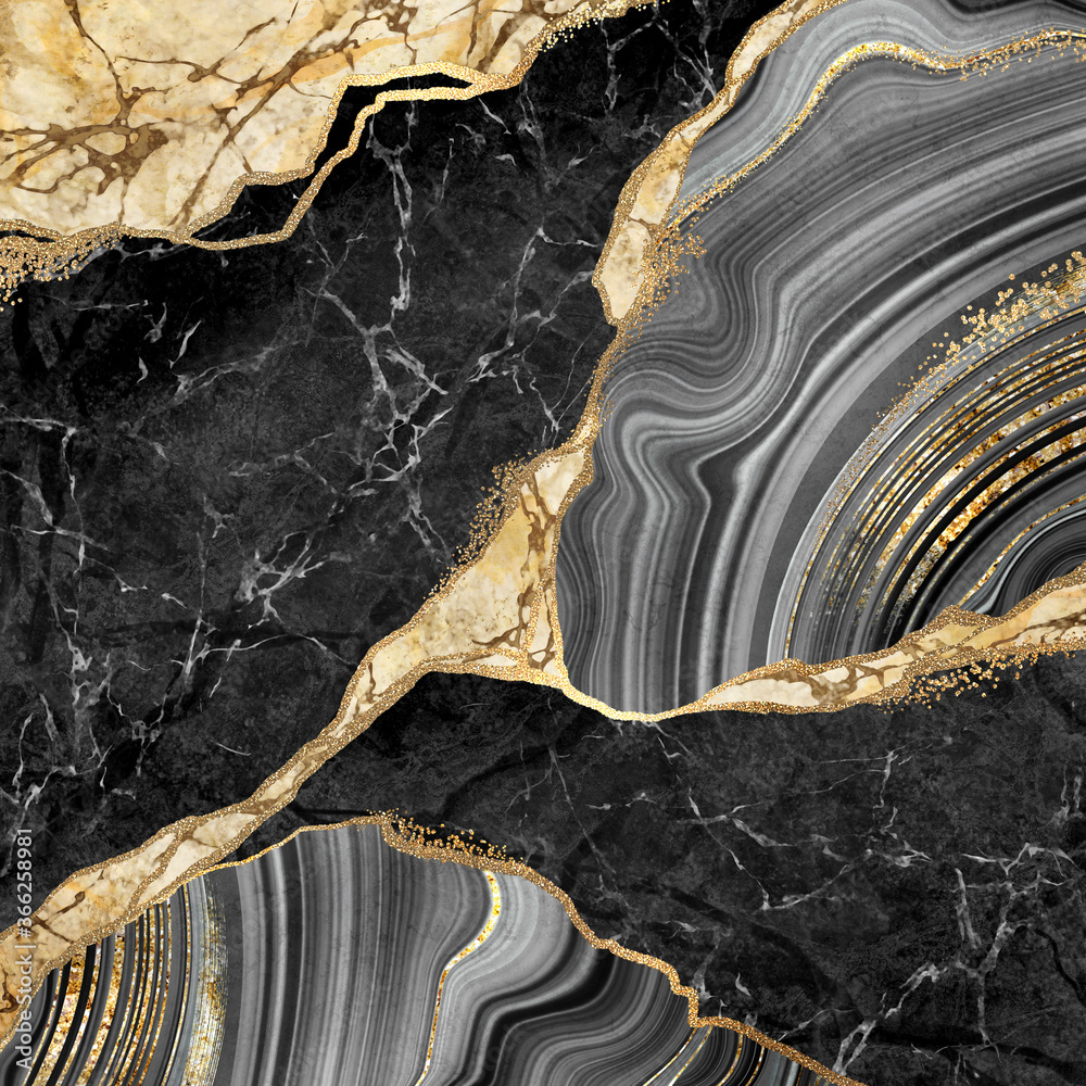 abstract background, black marble and agate mosaic with golden veins, japanese kintsugi technique, fake painted artificial stone texture, marbled wallpaper, digital marbling illustration - obrazy, fototapety, plakaty 