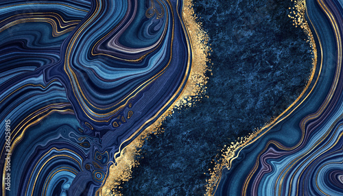 abstrakcyjne tło niebieski marmur agat granitowa mozaika ze złotymi żyłkami, japońska technika kintsugi, fałszywa malowana faktura sztucznego kamienia, marmurkowa powierzchnia, cyfrowa marmurkowa ilustracja