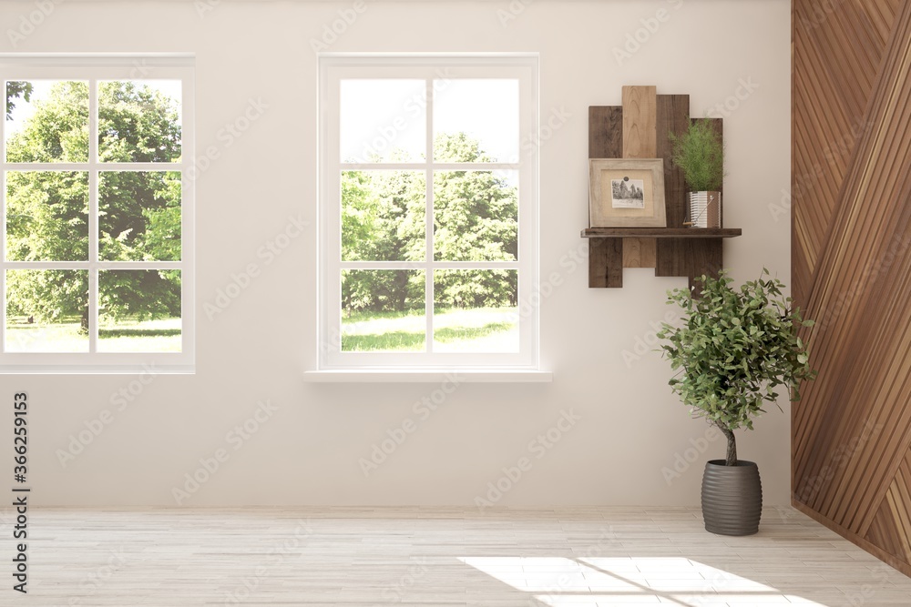 Fototapeta premium White empty room with summer landscape in window. Scandinavian interior design. 3D illustration