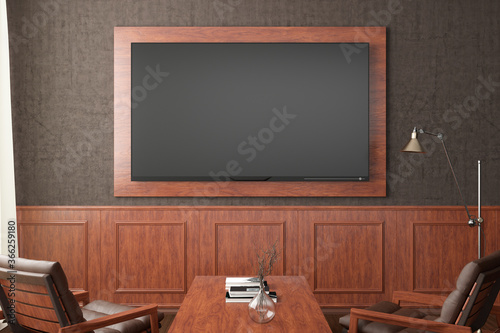 TV screen mockup on the brown wall with classic wooden decoration  in living room. Front view  clipping path around screen.