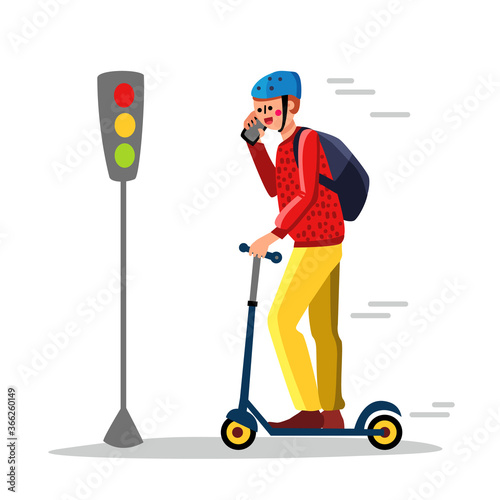Careless Man Driving Kick Scooter On Street Vector Illustration