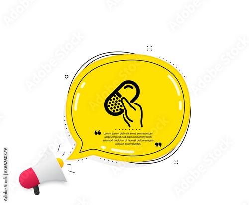Capsule pill icon. Quote speech bubble. Medical drugs sign. Pharmacy medication symbol. Quotation marks. Classic capsule pill icon. Vector