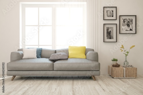 Idea of white minimalist room with sofa. Scandinavian interior design. 3D illustration