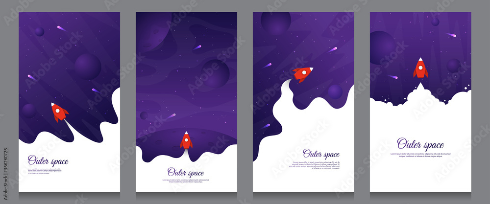 Vector flat illustration with copy space for text. Cosmos exploration wallpaper. Element for design poster, invitation, discount voucher, gift card, flyer,  coupon, social media stories, wallpapers. 