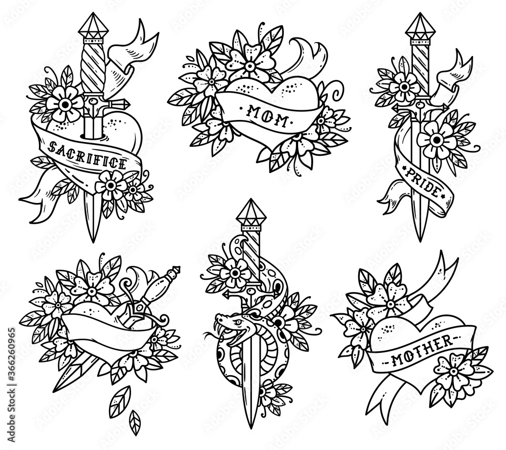 Collection of Heart Tattoos in Old school style. Heart with ribbon, flowers and words mom, mother. Dagger with green snake. Dagger pierced heart. Old school slyle. Set of retro tattoos Collection of Heart Tattoos in Old school style. Heart with ribbon, flowers and words mom, mother. Dagger with green snake. Dagger pierced heart. Old school slyle. Set of retro tattoos