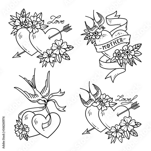 Set of Heart Tattoos with birds.Old school style. Two hearts pierced by arrow. Tattoo hearts with flower and Swallow. Isolated tattoo red heart with ribbon. Love. Valentines Day illustration.