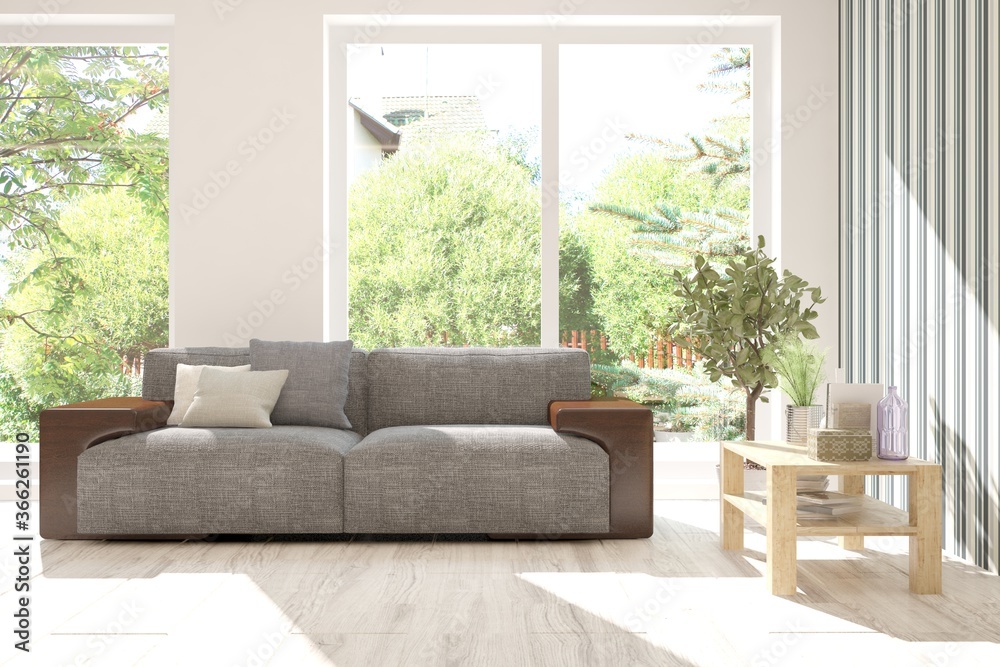 White room with sofa and green landscape in window. Scandinavian interior design. 3D illustration White room with sofa and green landscape in window. Scandinavian interior design. 3D illustration