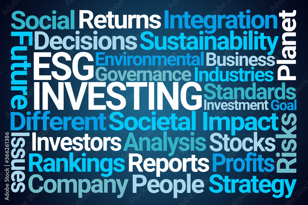 ESG Investing Word Cloud on Blue Background ESG Investing Word Cloud on Blue Background