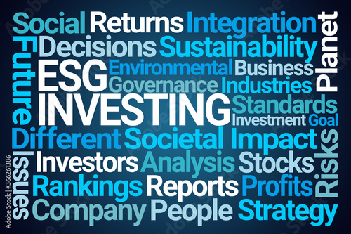ESG Investing Word Cloud on Blue Background