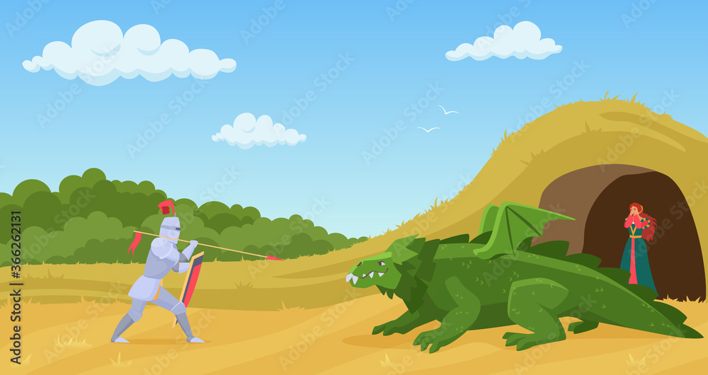Fight with dragon vector illustration. Cartoon flat knight warrior in armor with spear and shield fighting with green fantasy creature monster dragon to save lady from cave, fairy adventure background