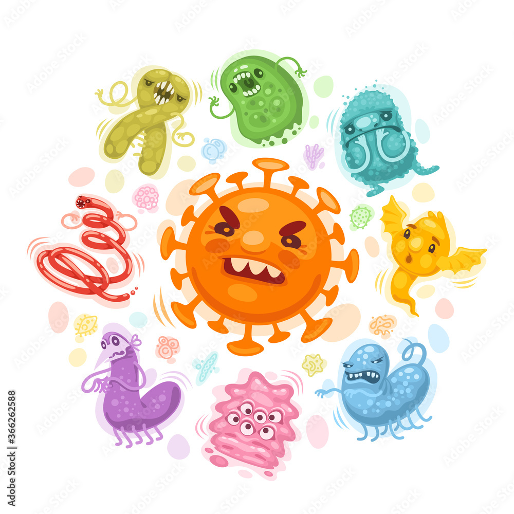Viruses and Bacteria Cartoon Illustration