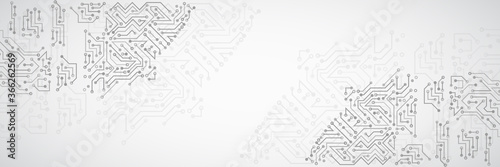 Wide High-tech circuit board design. Innovation concept. Abstract futuristic communication vector illustration. Sci fi technology on the grey background.