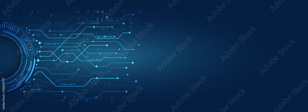 Wide Blue background with various technological elements. Hi-tech computer digital technology concept. Abstract technology communication vector illustration. - obrazy, fototapety, plakaty 