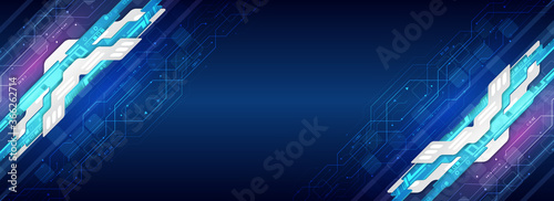 Hi-tech vector illustration with various technology elements. Wide Digital communication on the blue background. Abstract global sci fi concept.
