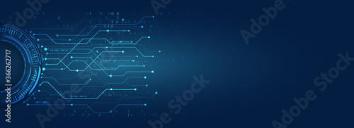 Wide Blue background with various technological elements. Hi-tech computer digital technology concept. Abstract technology communication vector illustration.