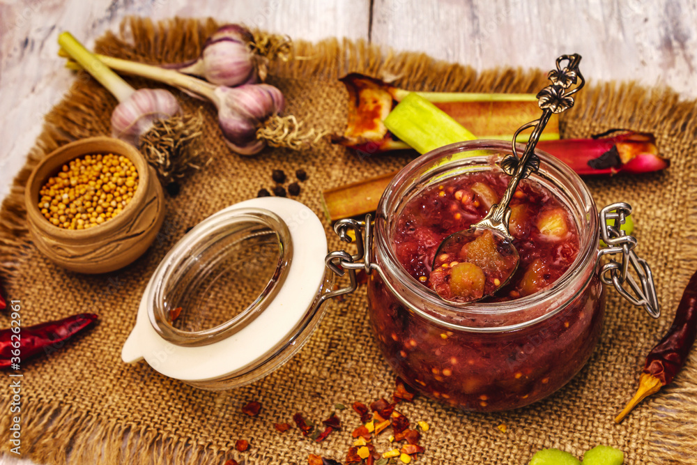 Chutney from rhubarb. Set of ingredients and spices for cooking Chutney from rhubarb. Set of ingredients and spices for cooking