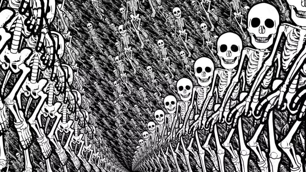 Seamless animation of swirl of psychedelic walking skeletons and skeleton in catwalk printed drawn style cartoon. Hypnotic halloween background with marker stroke effect.