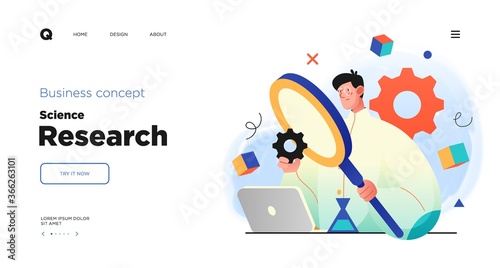 Science research website Landing page template design. Concept of Scientist character making research in a laboratory. Web page layout with modern business concept illustration.