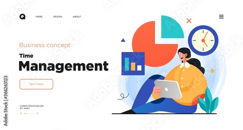 Time management, organizing tasks website concept template design. Web page layout with modern business concept illustration.