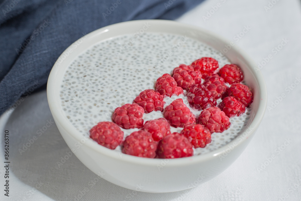 Chia seed pudding with fresh raspberries and coconut milk in white bowl. Concept of healthy eating, healthy lifestyle, dieting, fitness menu. Chia seed pudding with fresh raspberries and coconut milk in white bowl. Concept of healthy eating, healthy lifestyle, dieting, fitness menu.