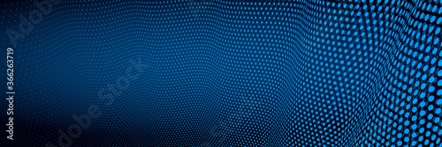 3D abstract dark blue background with dots pattern vector design, technology theme, dimensional dotted flow in perspective, big data, nanotechnology.