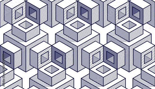 Geometric cubes abstract seamless pattern, 3d vector background. Technology style engineering line drawing endless illustration. Usable for fabric, wallpaper, wrapping, web and print.