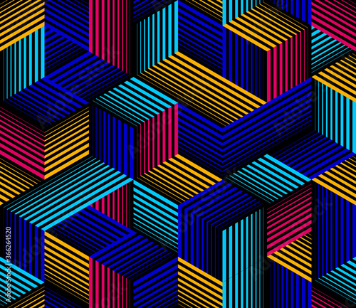 Geometric 3D seamless pattern with lined cubes, stripy boxes blocks vector background, architecture and construction, wallpaper design.